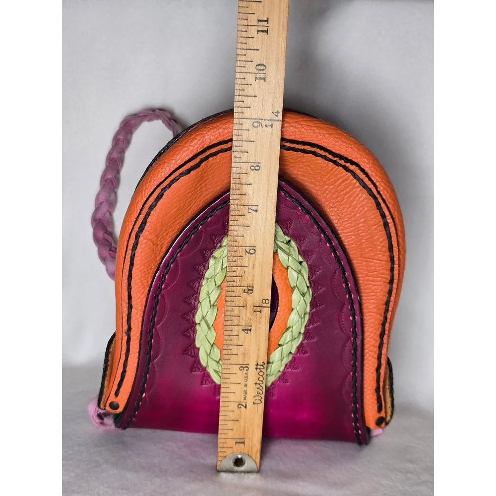 Handmade Leather Crossbody Bag Braided Strap Colorblock Pink Orange Green - Picture 10 of 16